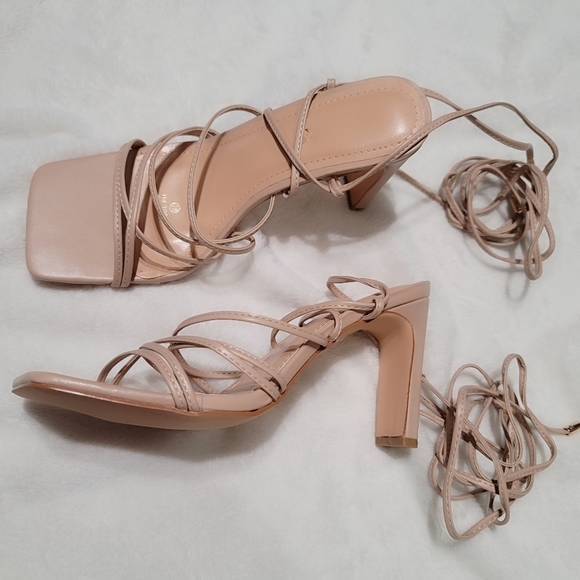 Square Toe Strappy Lace Up Mid Heel Sandal in Nude - Picture 6 of 8